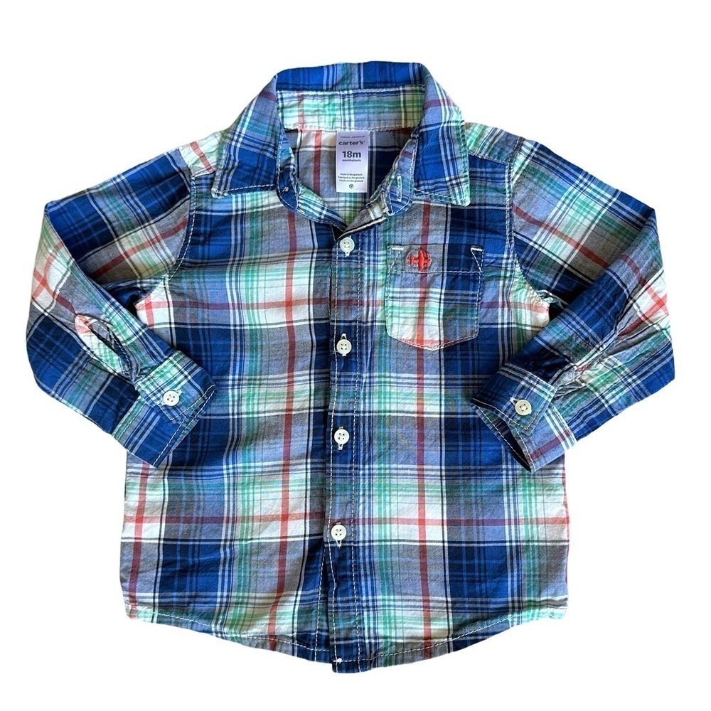 Carter's 18m Boys Blue plaid cotton button down shirt